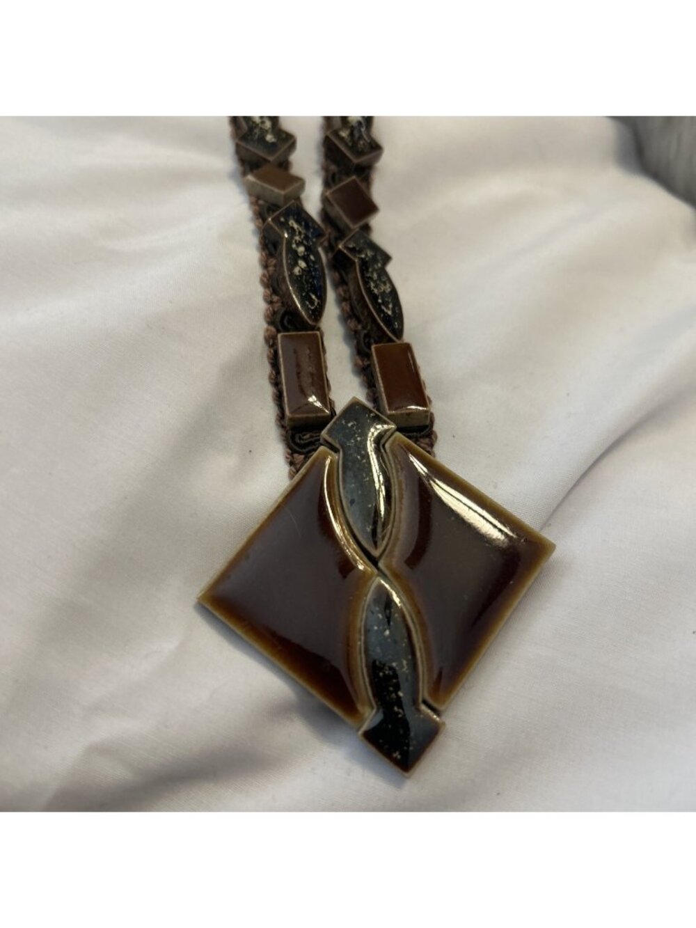 Vintage Carved Ceramic Geometric Shaped Pendant Necklace With Polished Stone
